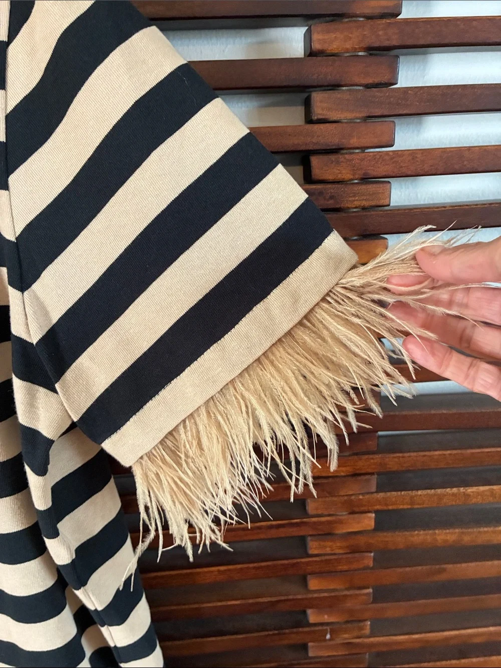 🎉NEW LISTING!🎉J. Crew Black and Beige Striped Short Sleeve Top with Feather Trim